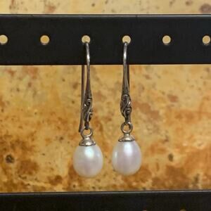 Sterling Silver and White Freshwater Pearl Dangle Drop Earrings